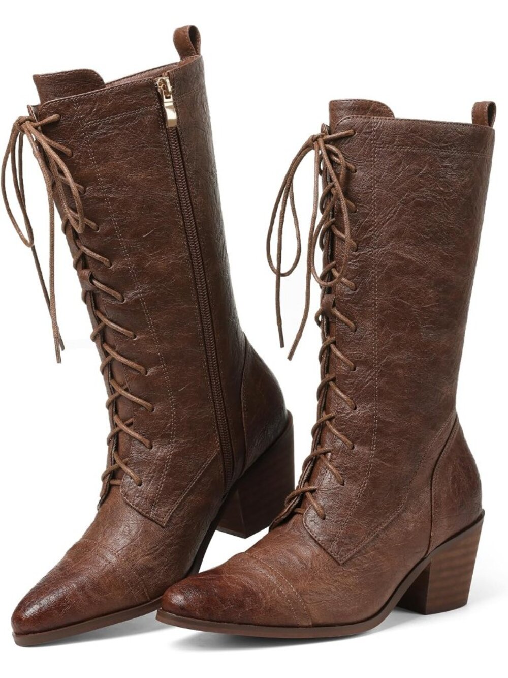 Women's Brown Lace Up Chunky Heel Vintage Combat Heeled Dress Casual Boots